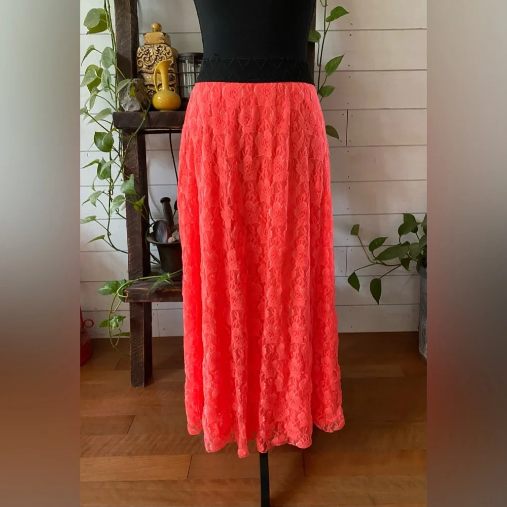 LuLaRoe: Vibrant Neon Coral Orange A-Line Lace Skirt